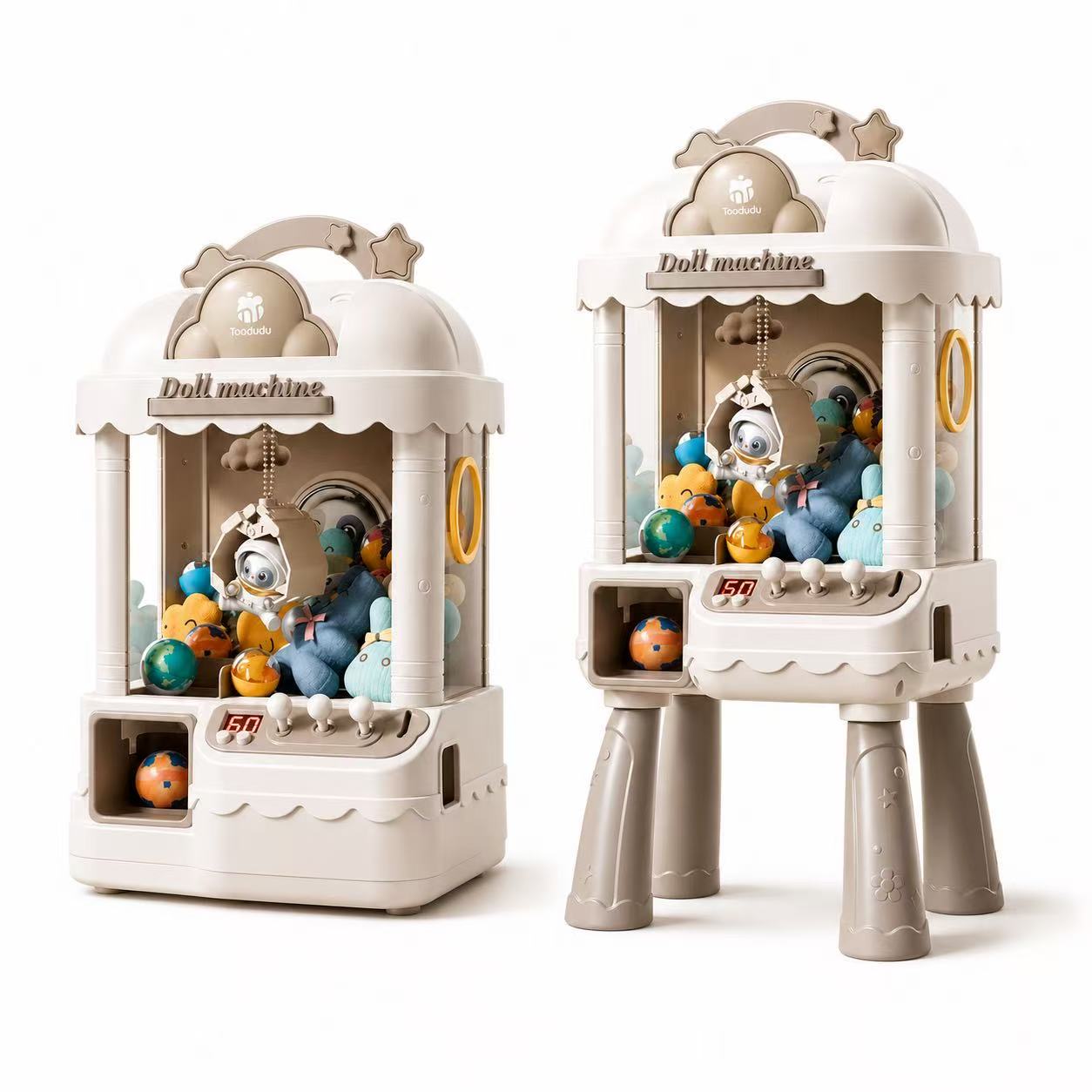 Height adjustable claw machine toy for kids with remote control joystick control lights sound effects and plush prize gameplay