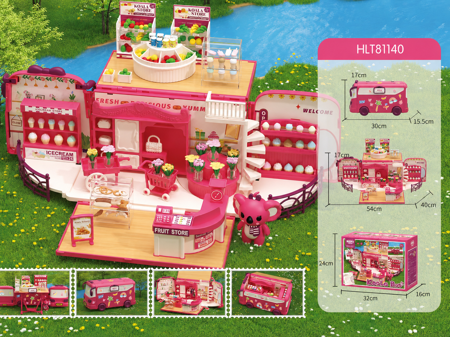 Kids supermarket bus dollhouse toy set with shopping role play scene and accessories