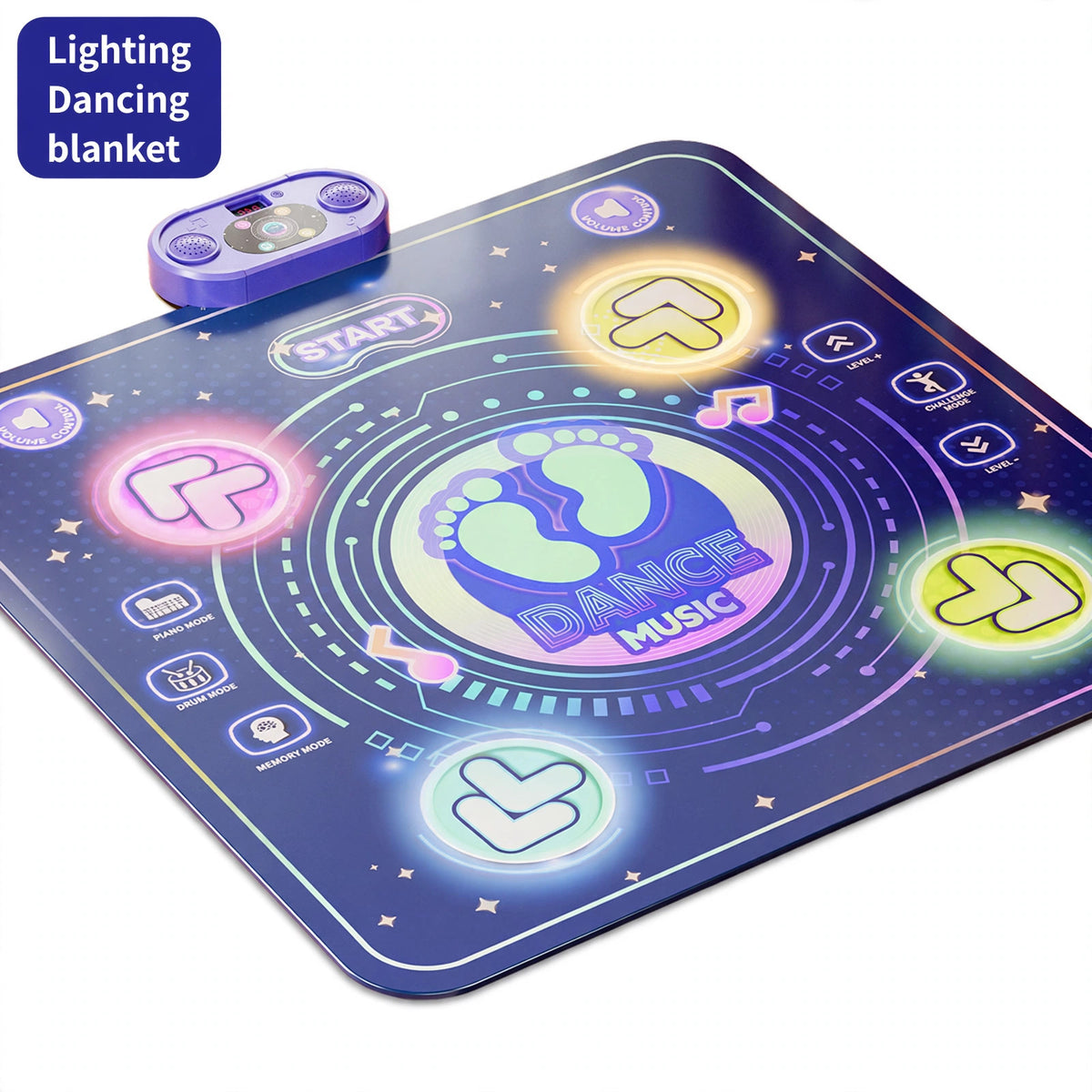 Light up dance mat toy HLT-0011 in dark blue with four glowing arrow step pads and control unit on a white background
