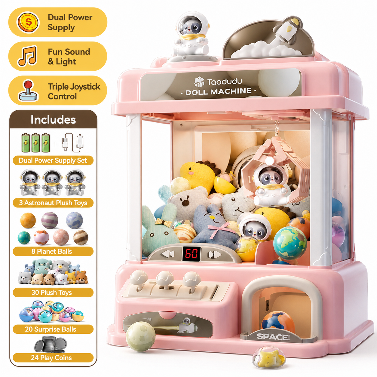 Pink space astronaut claw machine toy for kids with triple joystick control, dual power supply, plush toys, planet balls and play coins