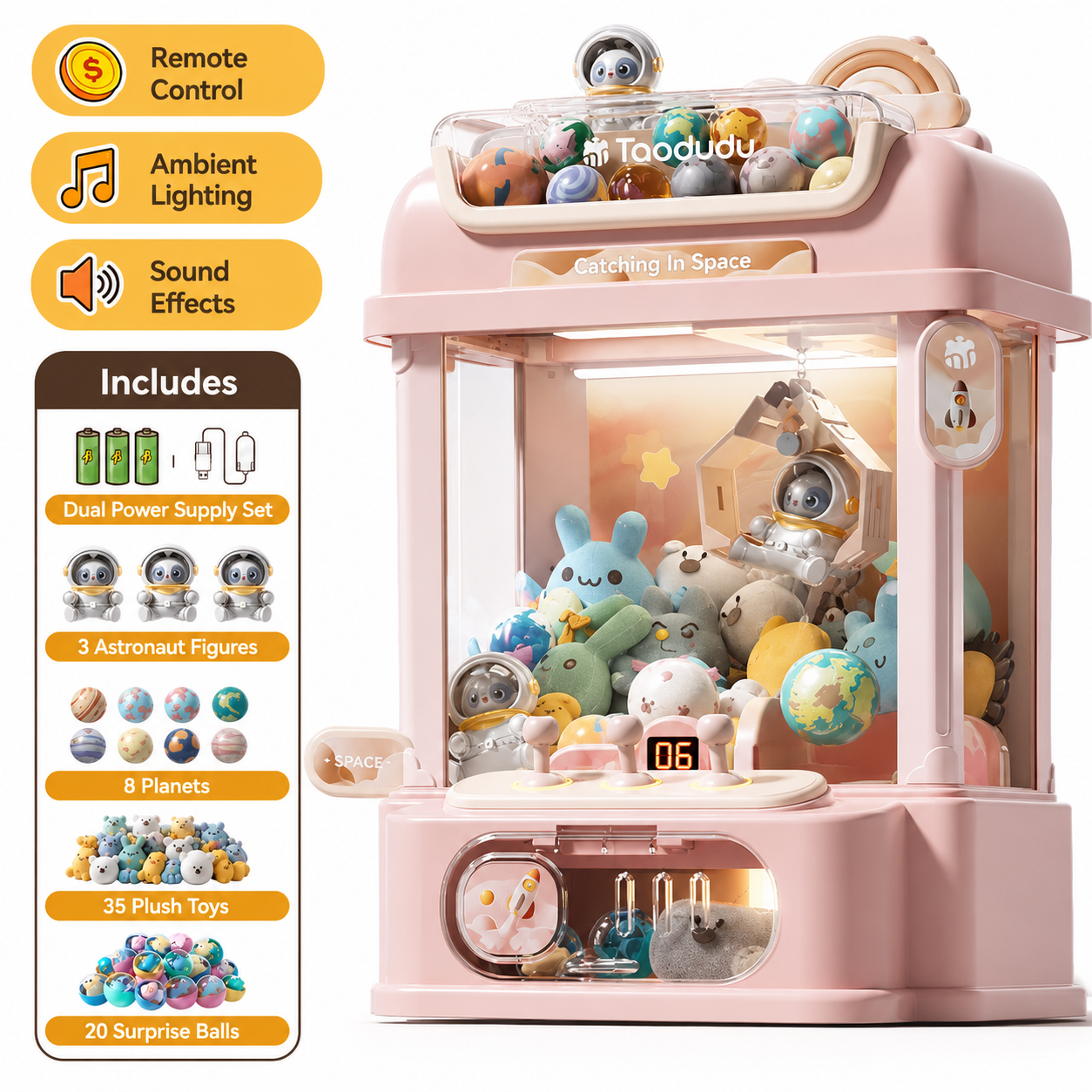 Space theme claw machine toy for kids with remote control, ambient lighting, sound effects, plush toys and surprise balls