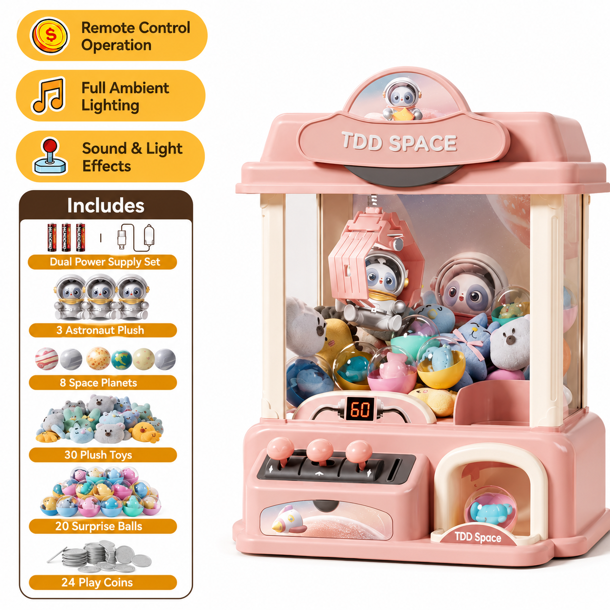 Pink space theme claw machine toy for kids with music lights plush dolls and surprise balls