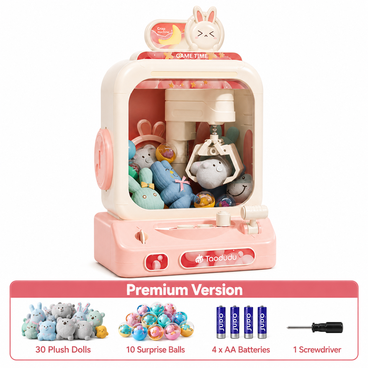 Rabbit theme claw machine toy for kids with joystick control lights sound effects and plush prize gameplay