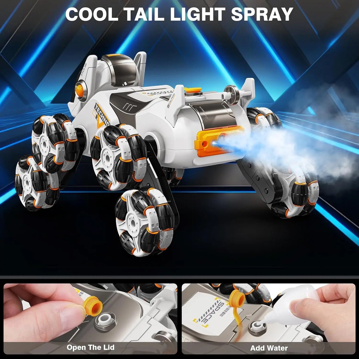 This electric remote-controlled smart robot dog kit includes a spray function, remote control, and accessories, perfect for children's exploration and entertainment.
