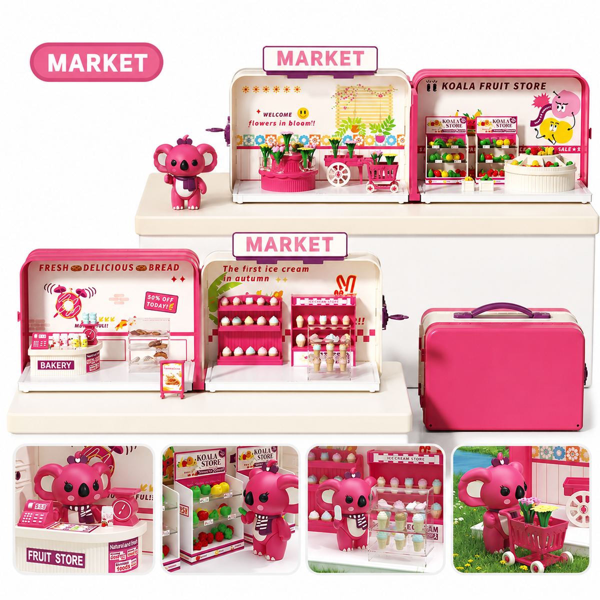 Supermarket suitcase dollhouse toy set for kids with pretend play shopping scene and accessories