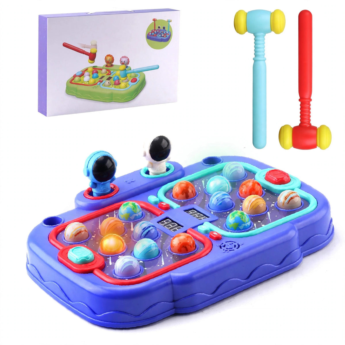 Blue whack a mole game machine toy, HLT-1622, with pop-up figures, light-up buttons, two soft hammers and retail box on a white background