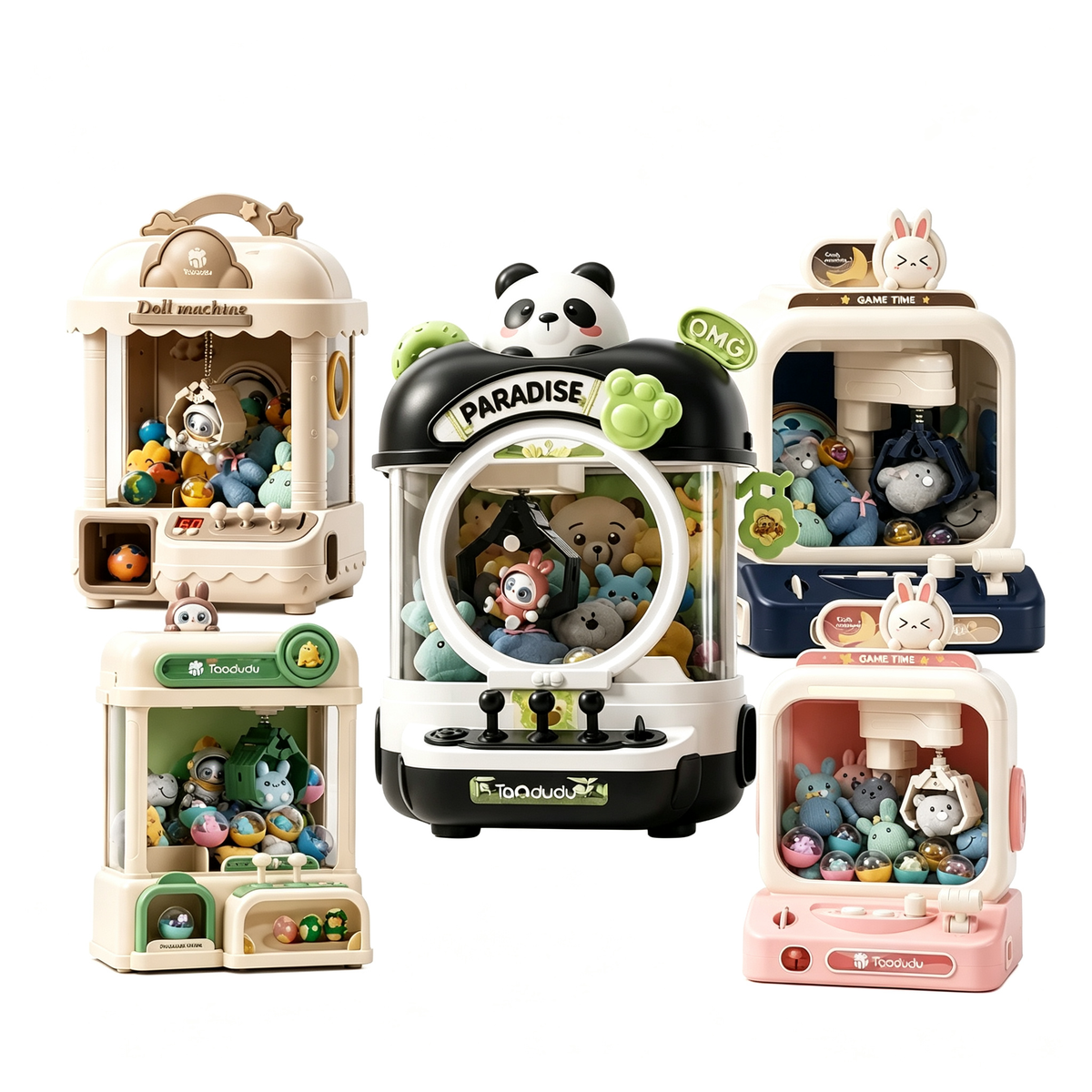 Wholesale claw machine toy collection - five claw machine styles with plush prize toys for kids, OEM and ODM available