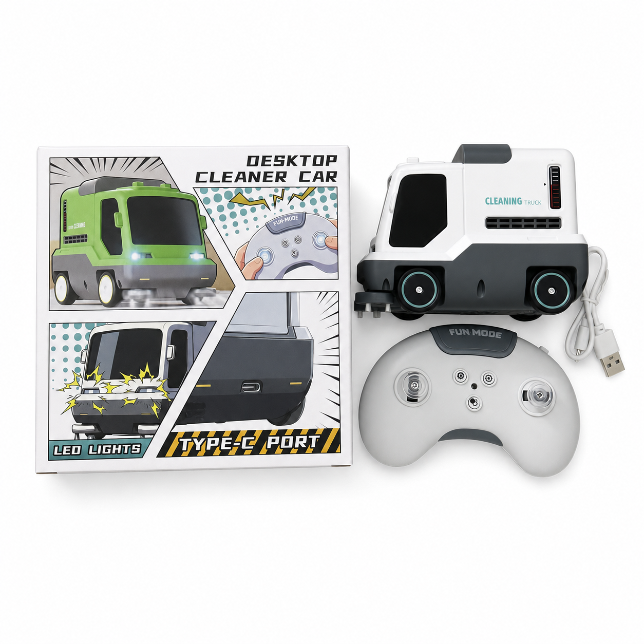 Kids Remote Control Cleaning Car Toy - RC Drift Sweeper Vehicle with Vacuum Function & LED Lights