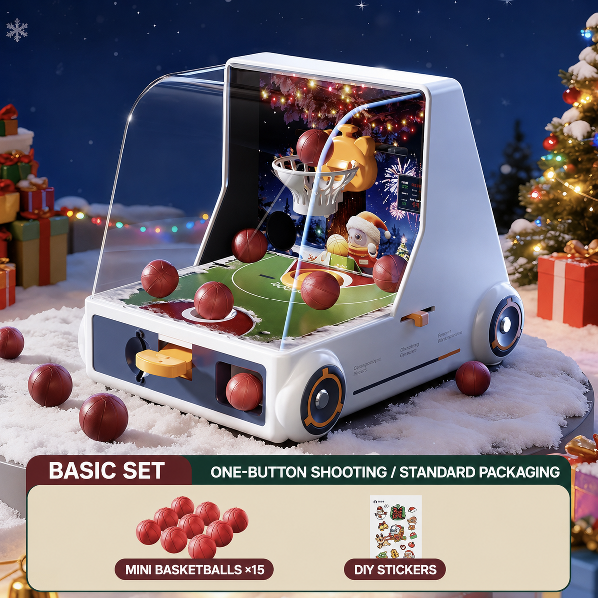 Basketball shooting game toy basic set with 15 mini basketballs and DIY stickers, one-button shooting, standard packaging