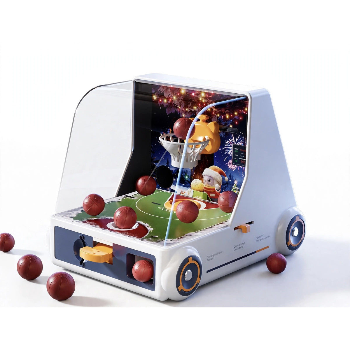 Basketball shooting game toy machine on white background, one-button shooting tabletop arcade toy with mini basketballs and ball return slot
