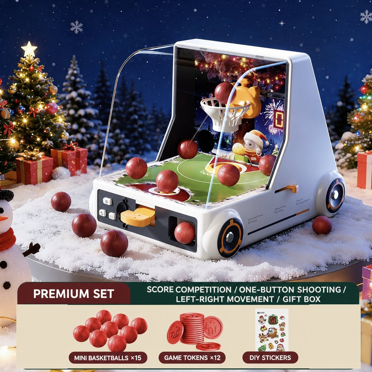 Basketball shooting game toy premium set with score competition, left-right moving hoop, 12 game tokens and DIY stickers, gift box packaging