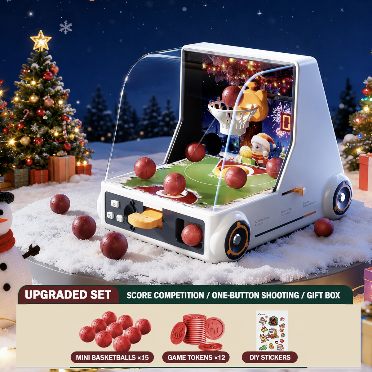 Basketball shooting game toy upgraded set with score competition, 15 mini basketballs, 12 game tokens and DIY stickers, gift box packaging