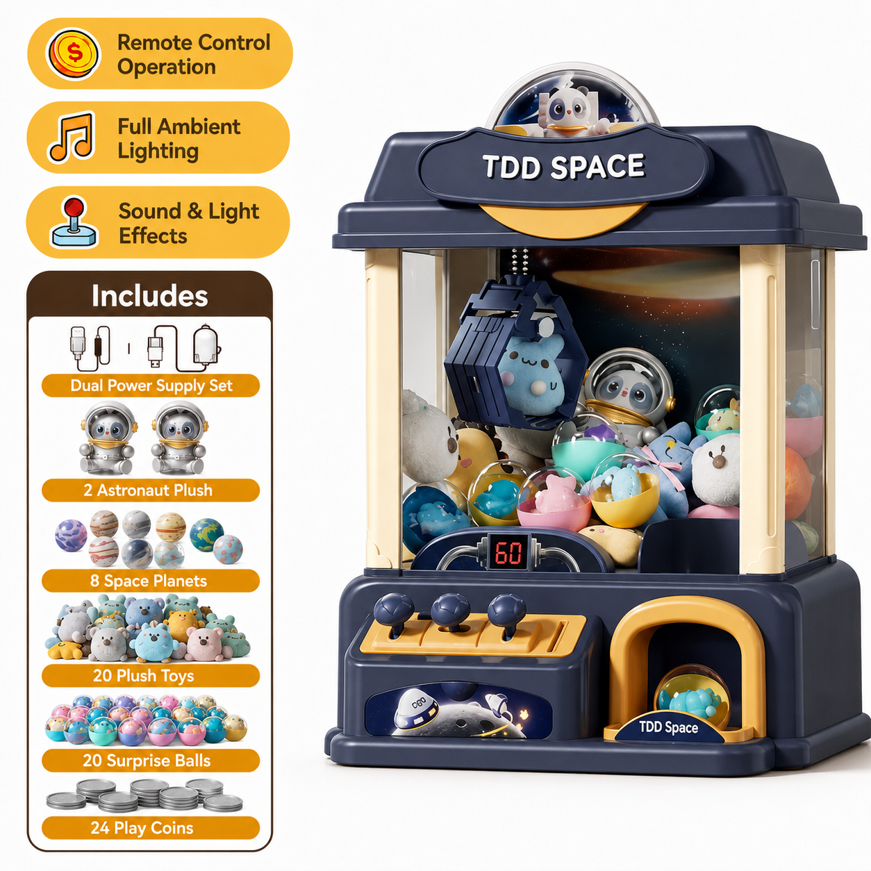 Blue space theme claw machine toy for kids with plush dolls surprise capsules and play coins