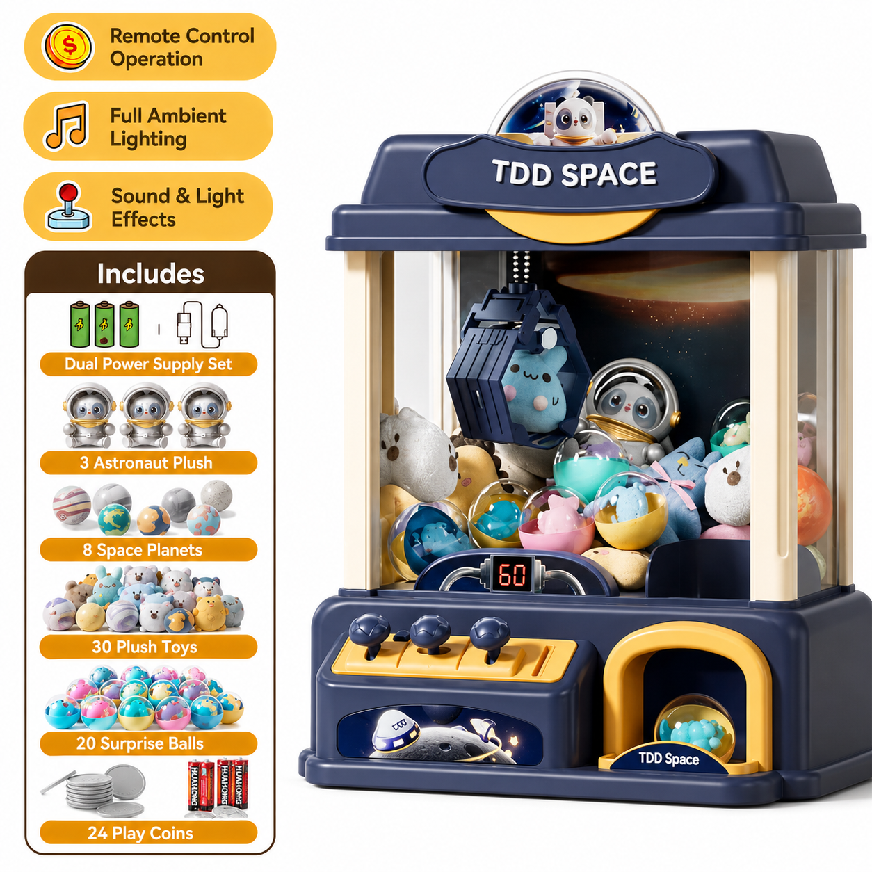 Blue space theme claw machine toy for kids with plush dolls surprise capsules and play coins