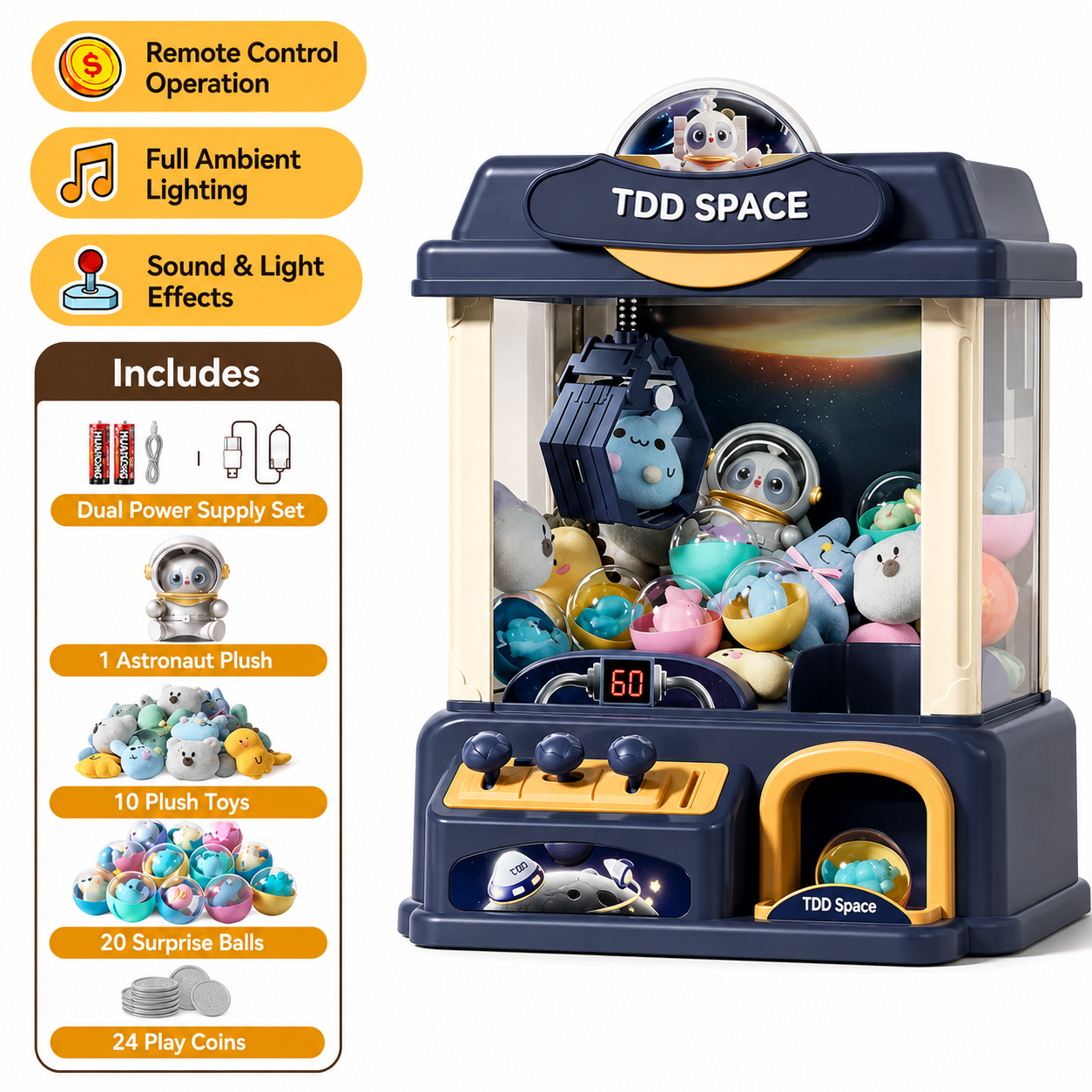 Blue space theme claw machine toy for kids with plush dolls surprise capsules and play coins