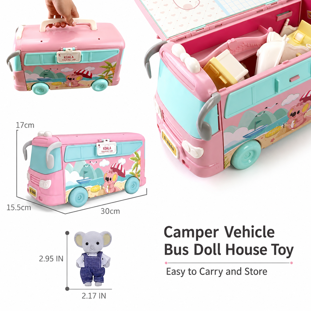 Bus dollhouse toy set for kids role play storytelling and pretend house play