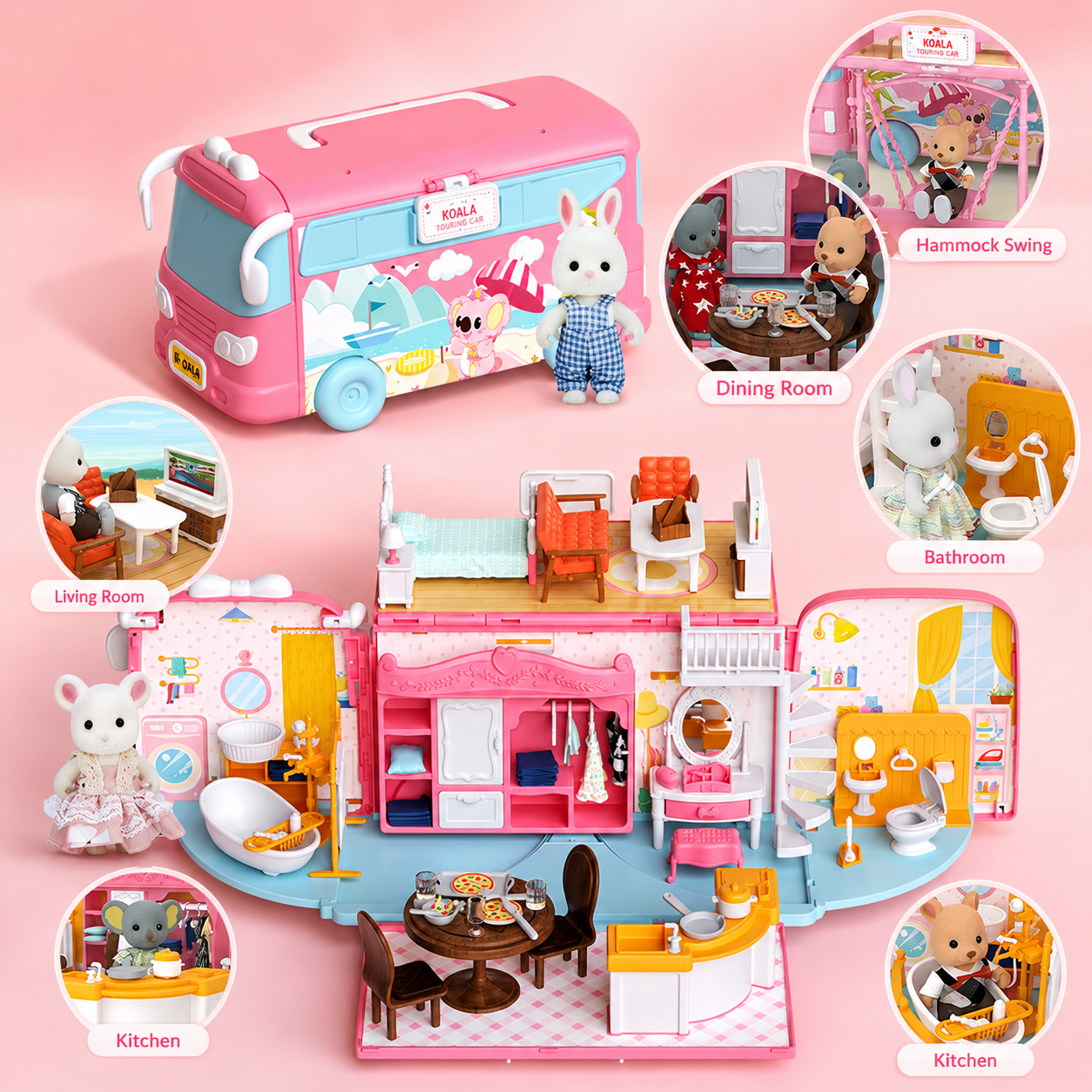 Bus dollhouse toy set for kids role play storytelling and pretend house play