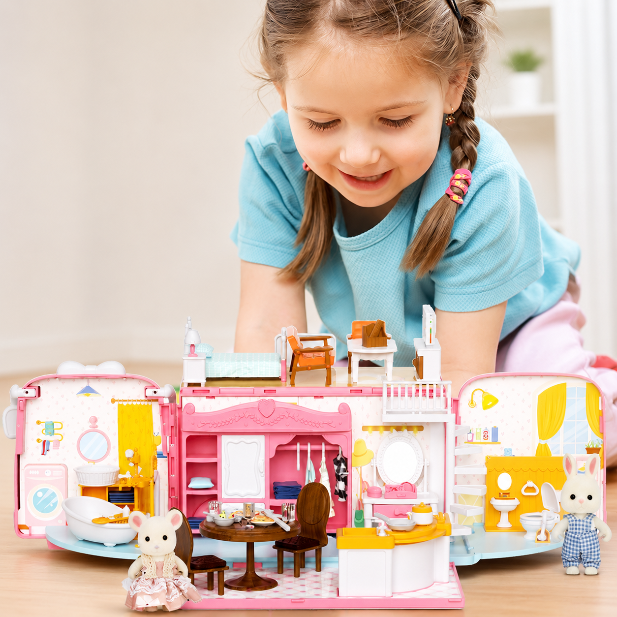 Bus dollhouse toy set for kids role play storytelling and pretend house play