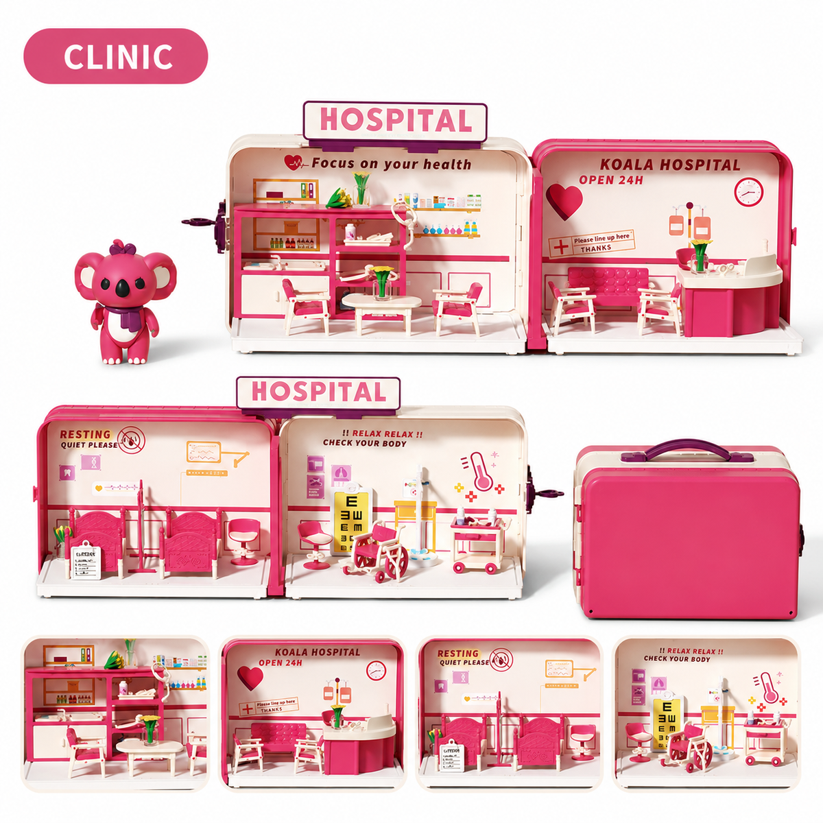 Clinic suitcase dollhouse toy set for kids with medical pretend play scene and accessories