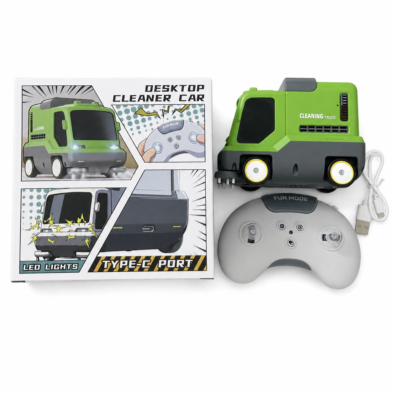 Kids Remote Control Cleaning Car Toy - RC Drift Sweeper Vehicle with Vacuum Function & LED Lights