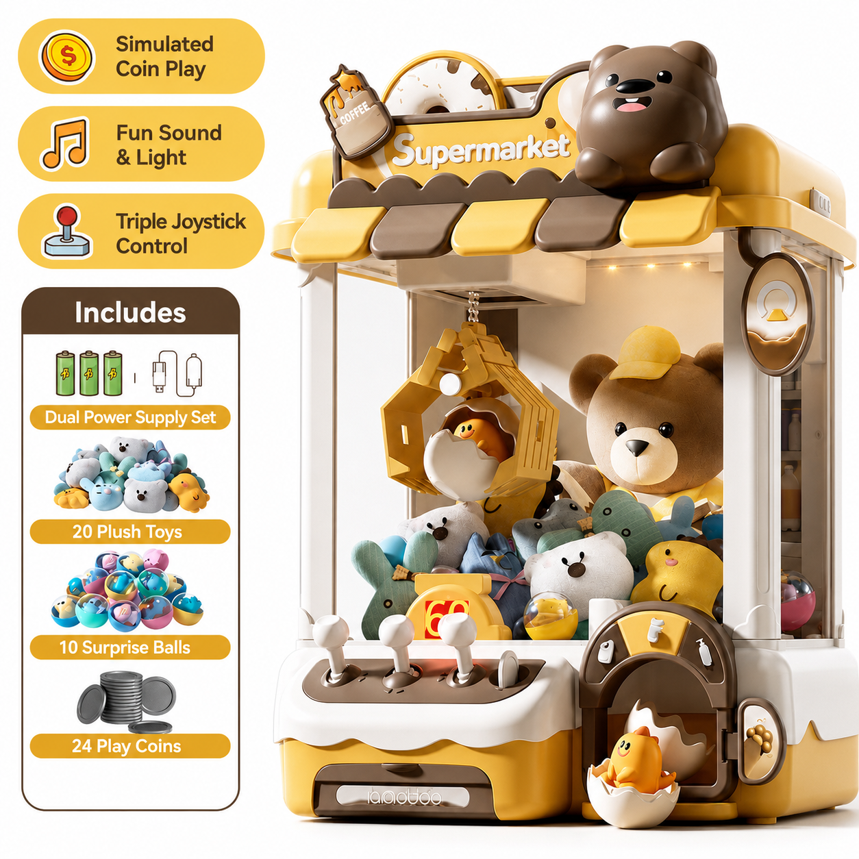Forest-themed claw machine toy for kids featuring a bear mascot, plush toys, dino eggs, surprise balls, triple joystick control, simulated coin play, and fun light and sound effects. Perfect for interactive arcade-style play and children's hand-eye coordination.