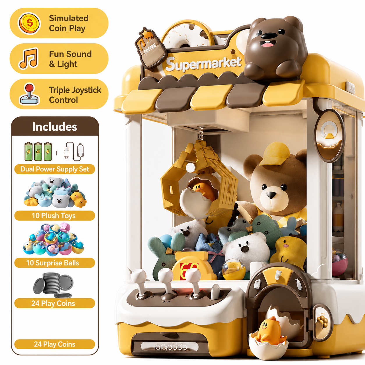 Forest-themed claw machine toy for kids featuring a bear mascot, plush toys, dino eggs, surprise balls, triple joystick control, simulated coin play, and fun light and sound effects. Perfect for interactive arcade-style play and children's hand-eye coordination.
