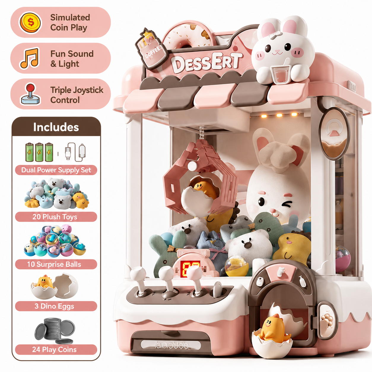 Forest-themed claw machine toy for kids featuring a bear mascot, plush toys, dino eggs, surprise balls, triple joystick control, simulated coin play, and fun light and sound effects. Perfect for interactive arcade-style play and children's hand-eye coordination.
