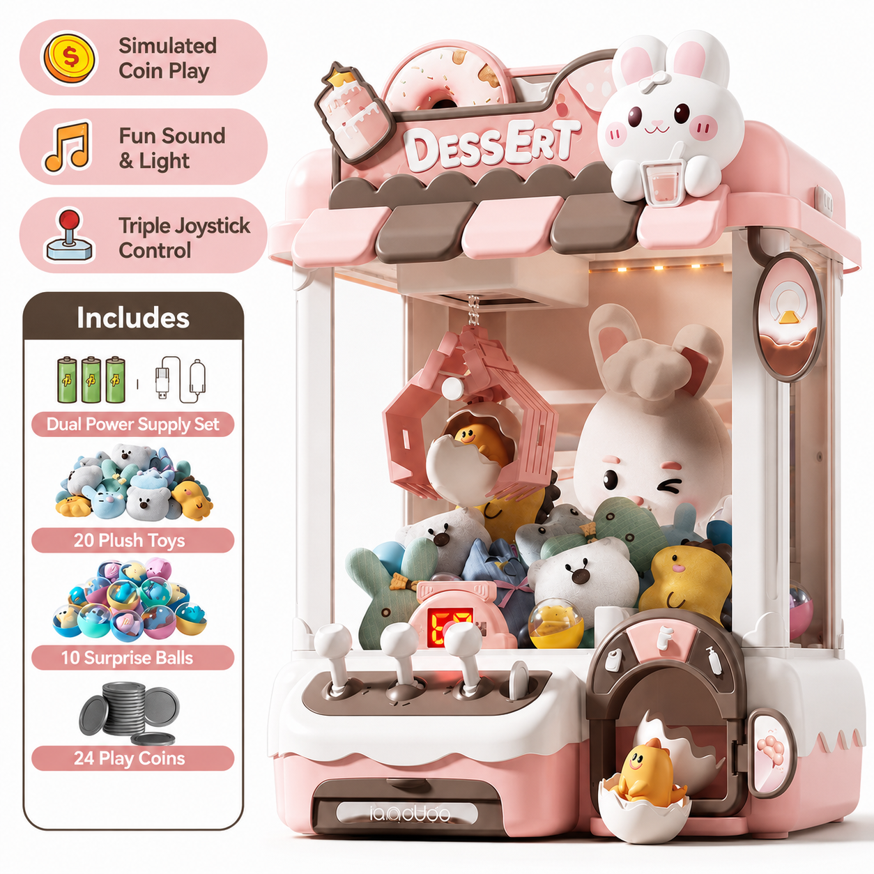Forest-themed claw machine toy for kids featuring a bear mascot, plush toys, dino eggs, surprise balls, triple joystick control, simulated coin play, and fun light and sound effects. Perfect for interactive arcade-style play and children's hand-eye coordination.
