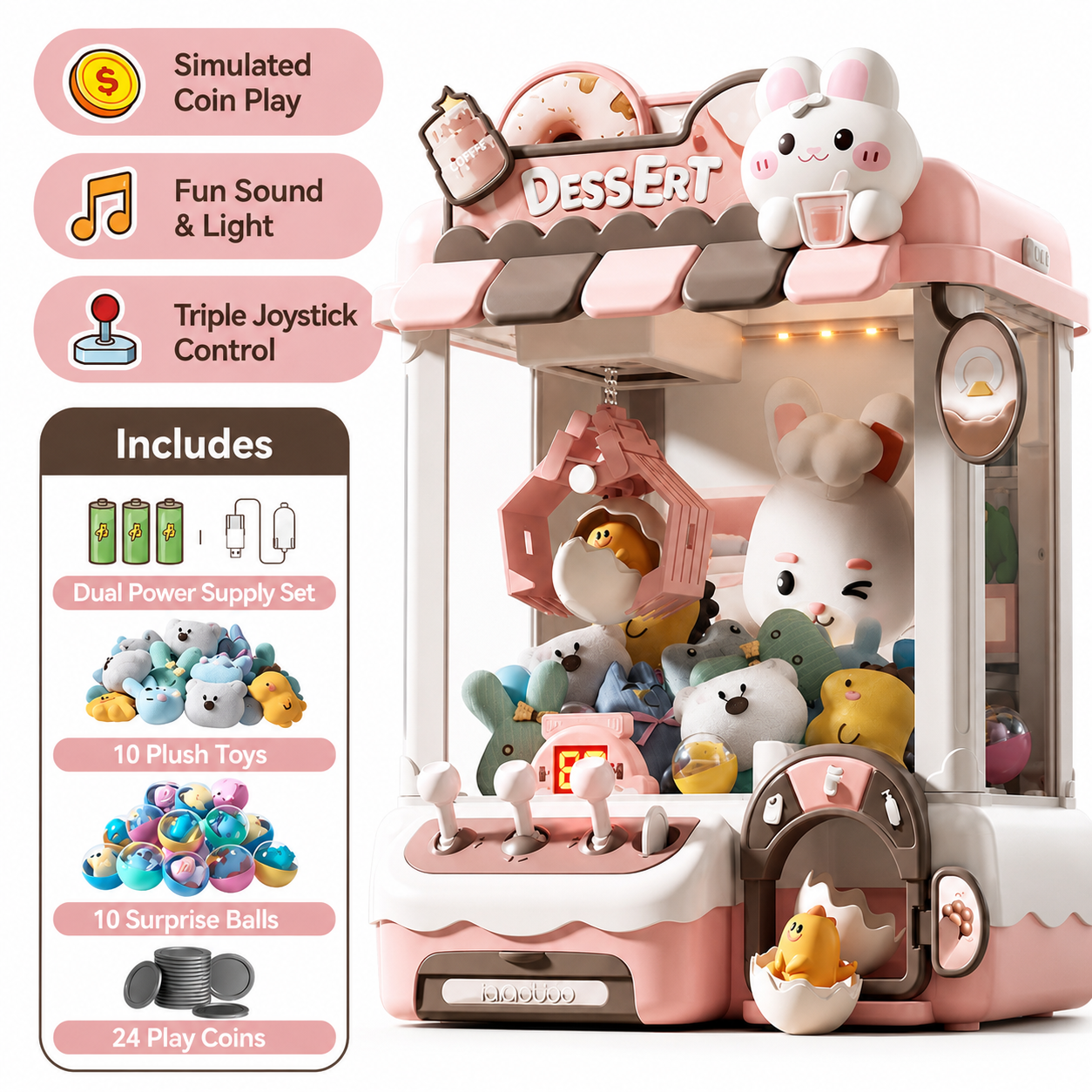 Forest-themed claw machine toy for kids featuring a bear mascot, plush toys, dino eggs, surprise balls, triple joystick control, simulated coin play, and fun light and sound effects. Perfect for interactive arcade-style play and children's hand-eye coordination.
