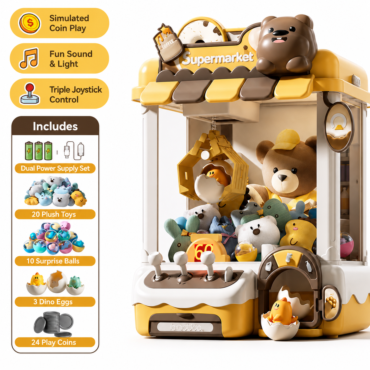 Forest-themed claw machine toy for kids featuring a bear mascot, plush toys, dino eggs, surprise balls, triple joystick control, simulated coin play, and fun light and sound effects. Perfect for interactive arcade-style play and children's hand-eye coordination.