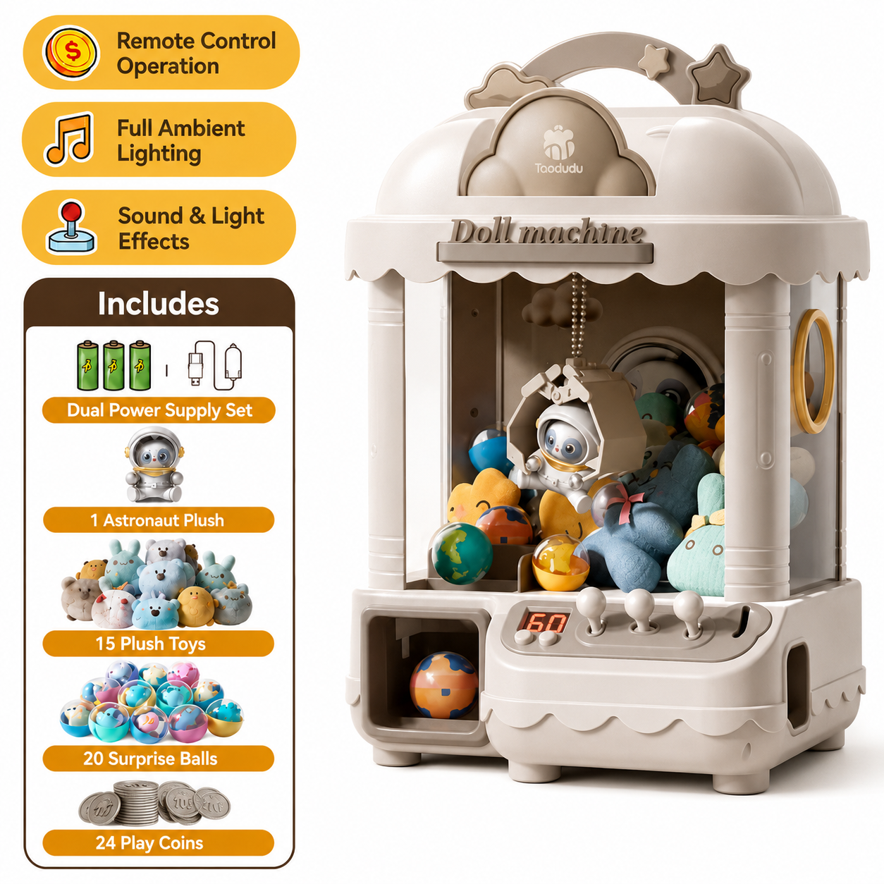Height adjustable claw machine toy for kids with remote control joystick control lights sound effects and plush prize gameplay