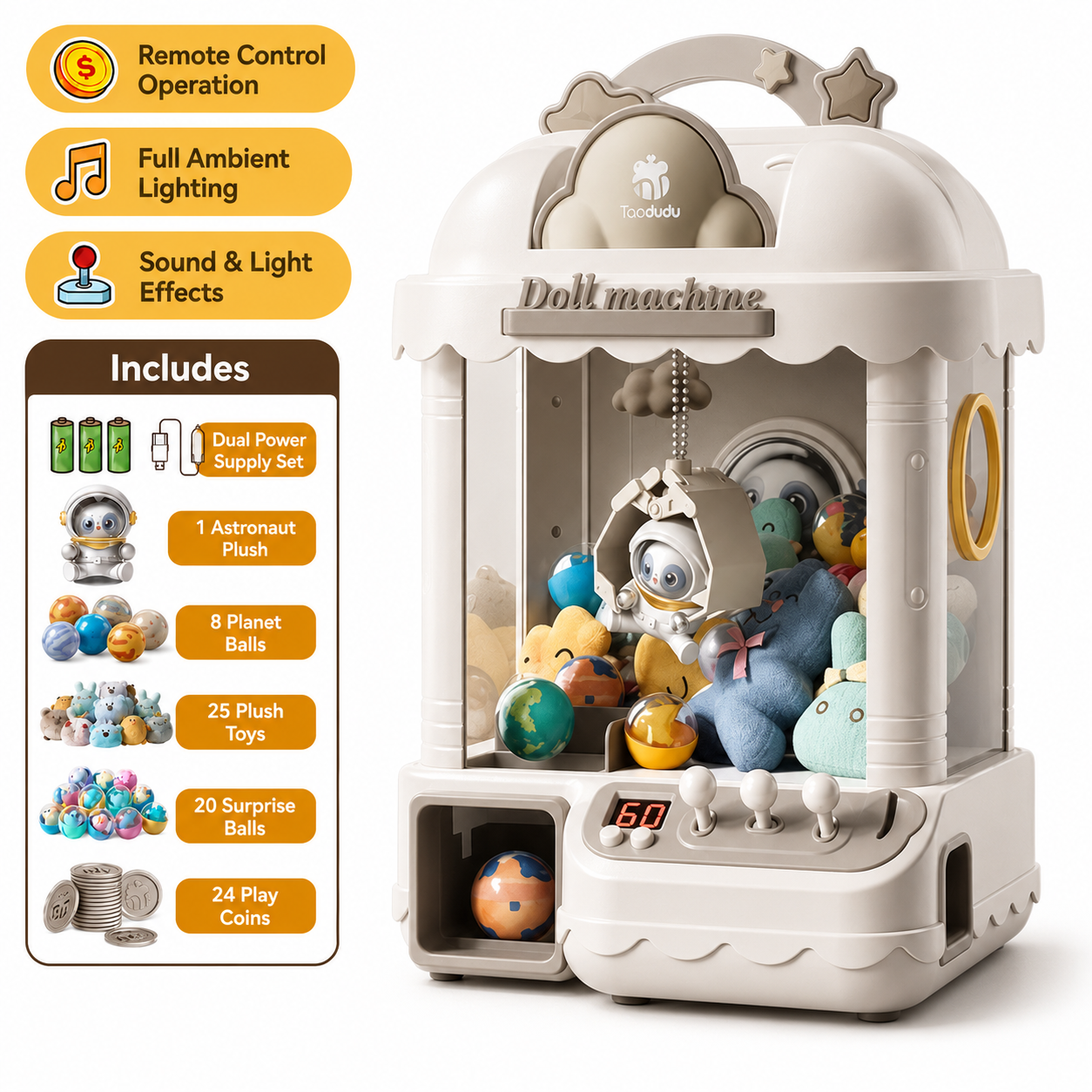 Height adjustable claw machine toy for kids with remote control joystick control lights sound effects and plush prize gameplay