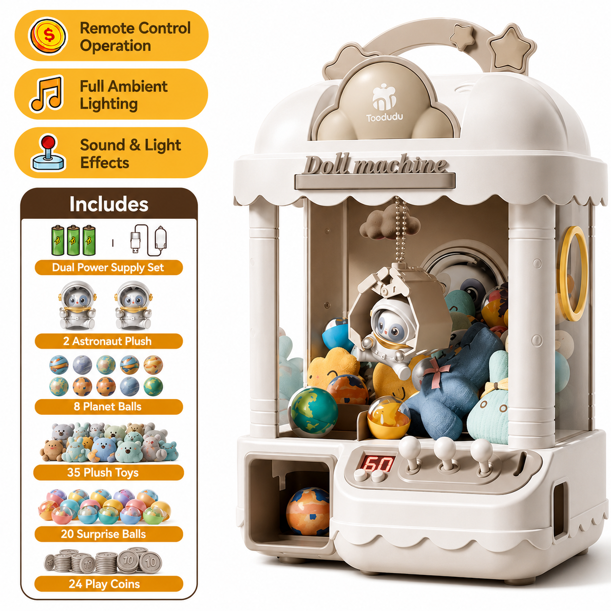Height adjustable claw machine toy for kids with remote control joystick control lights sound effects and plush prize gameplay