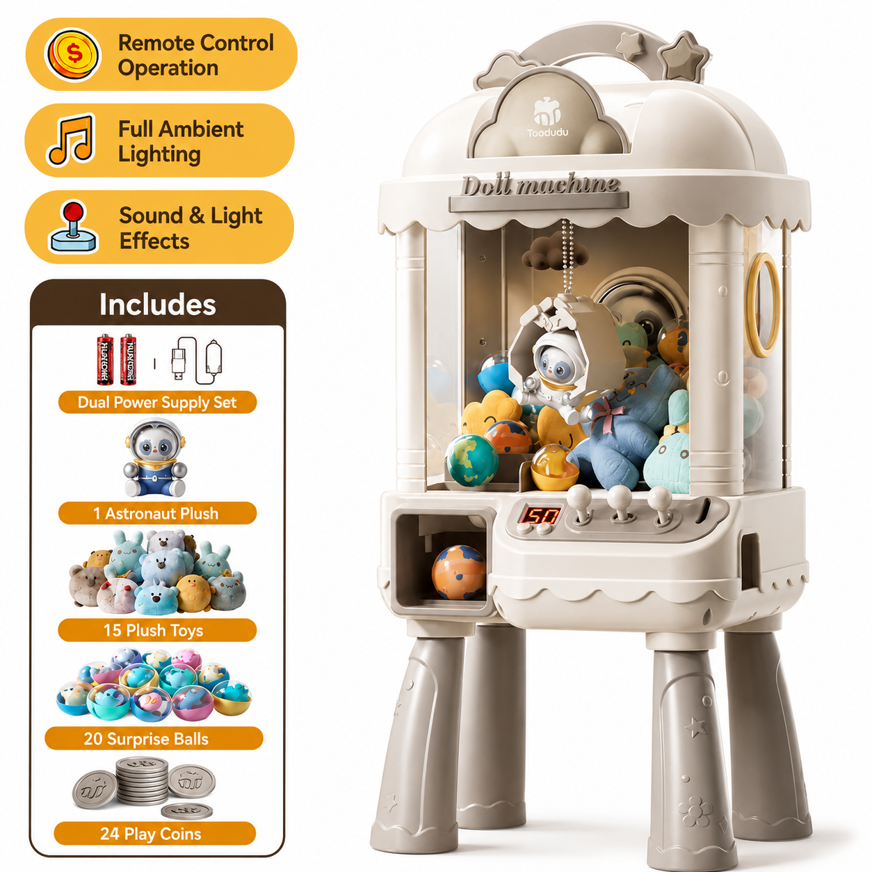 Height adjustable claw machine toy for kids with remote control joystick control lights sound effects and plush prize gameplay