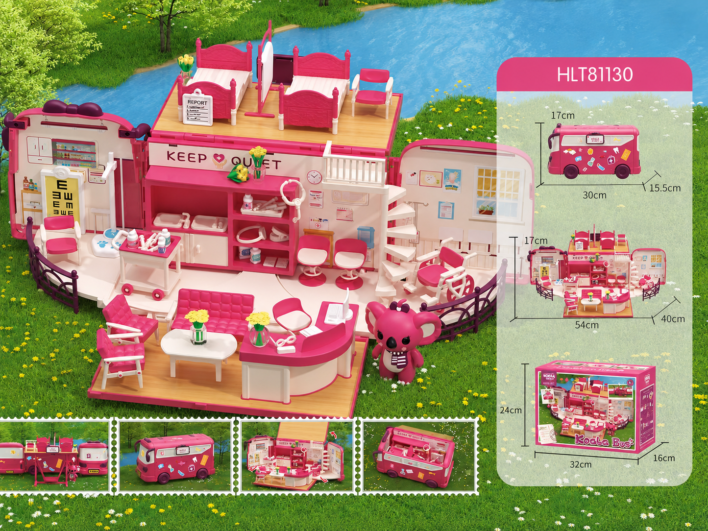 Kids clinic bus dollhouse toy set with doctor role play medical scene and accessories