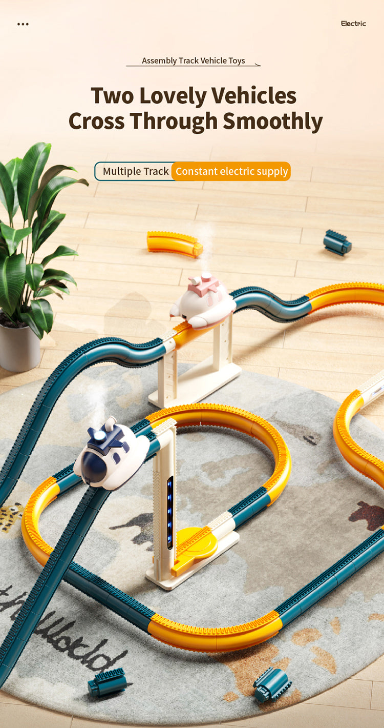 Kids electric steamship track car toy with climbing track, light effects and space adventure play design