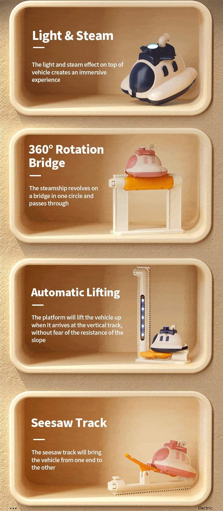 Kids electric steamship track car toy with climbing track, light effects and space adventure play design