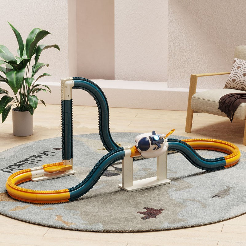 Kids electric steamship track car toy with climbing track, light effects and space adventure play design