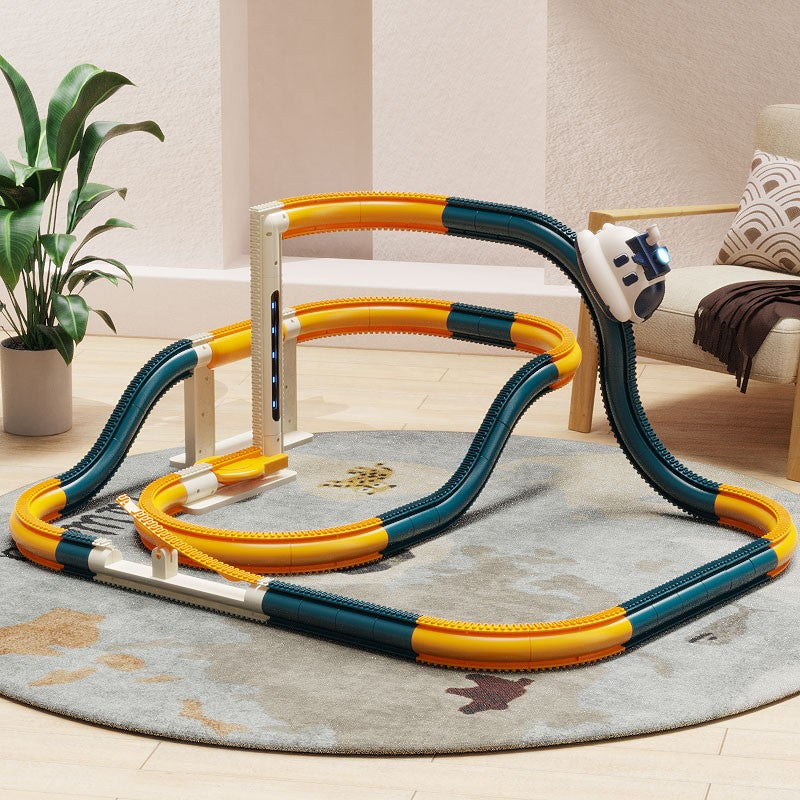 Kids electric steamship track car toy with climbing track, light effects and space adventure play design