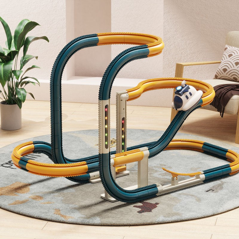 Kids electric steamship track car toy with climbing track, light effects and space adventure play design