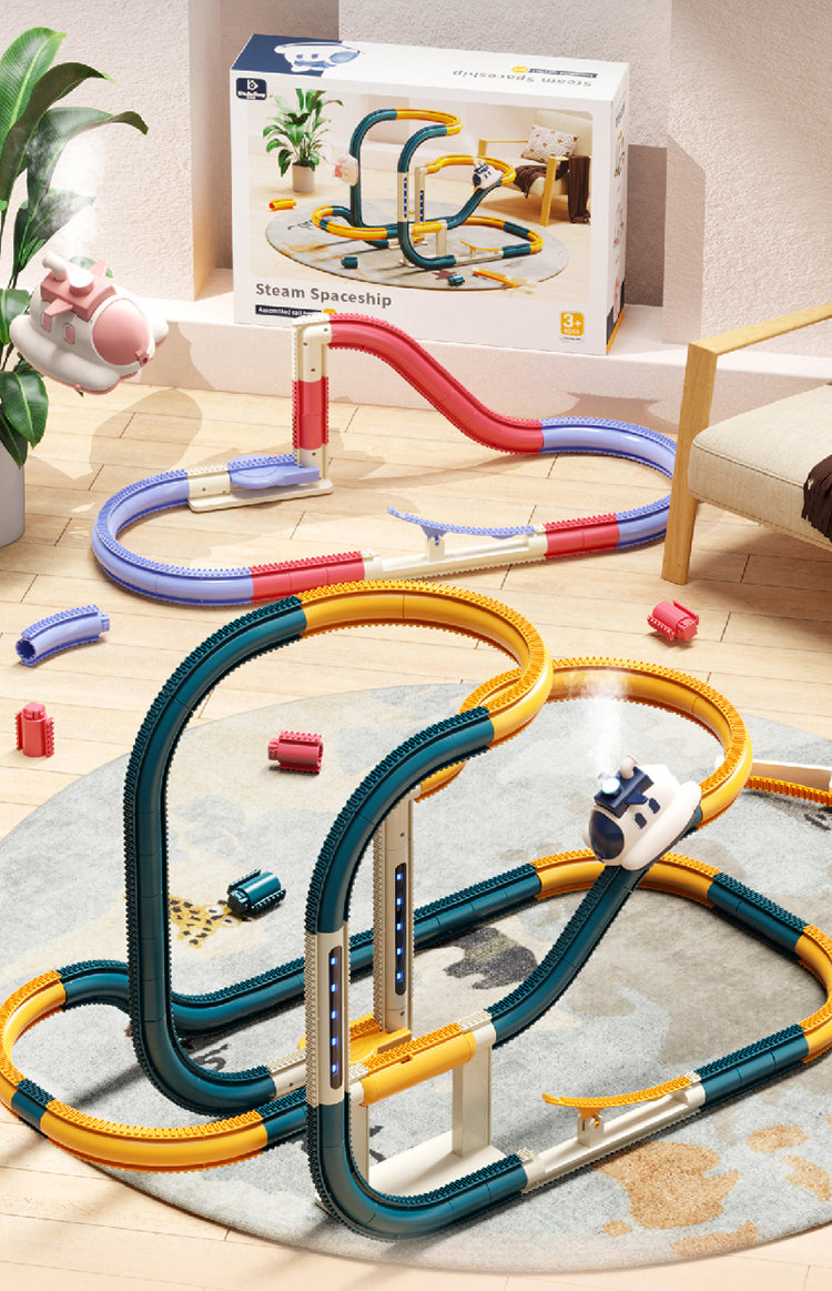 Kids electric steamship track car toy with climbing track, light effects and space adventure play design