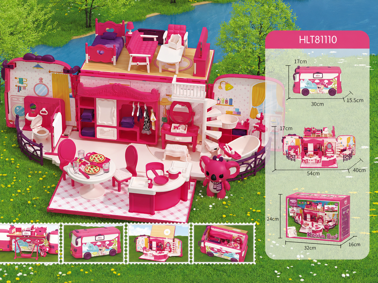 Kids homestay bus dollhouse toy set with pretend play house scene and koala figure