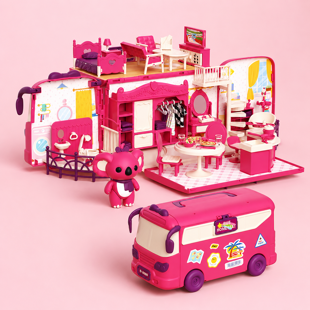 Kids pink bus dollhouse toy set with koala figure furniture accessories and openable play house design
