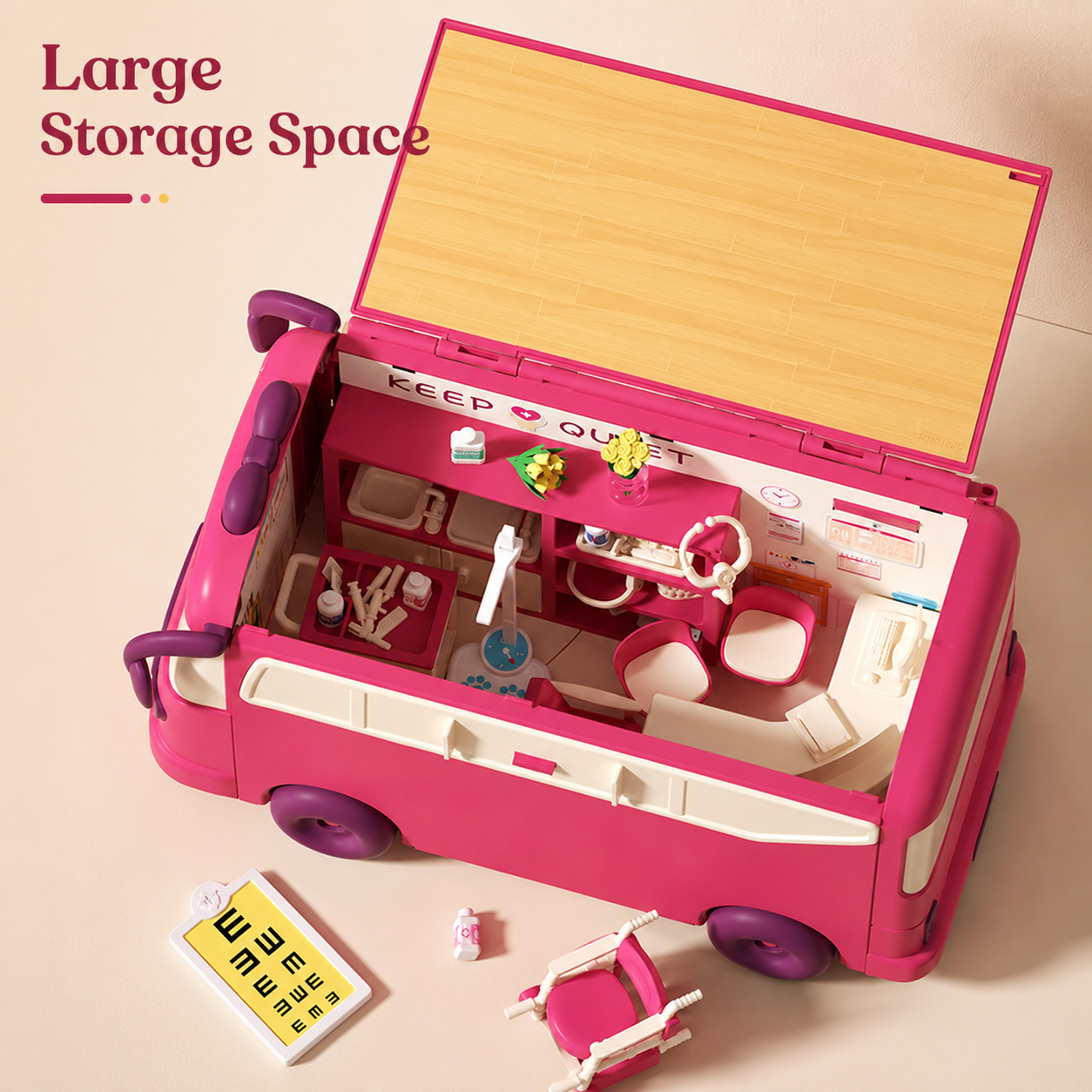Kids pink bus dollhouse toy set with koala figure furniture accessories and openable play house design