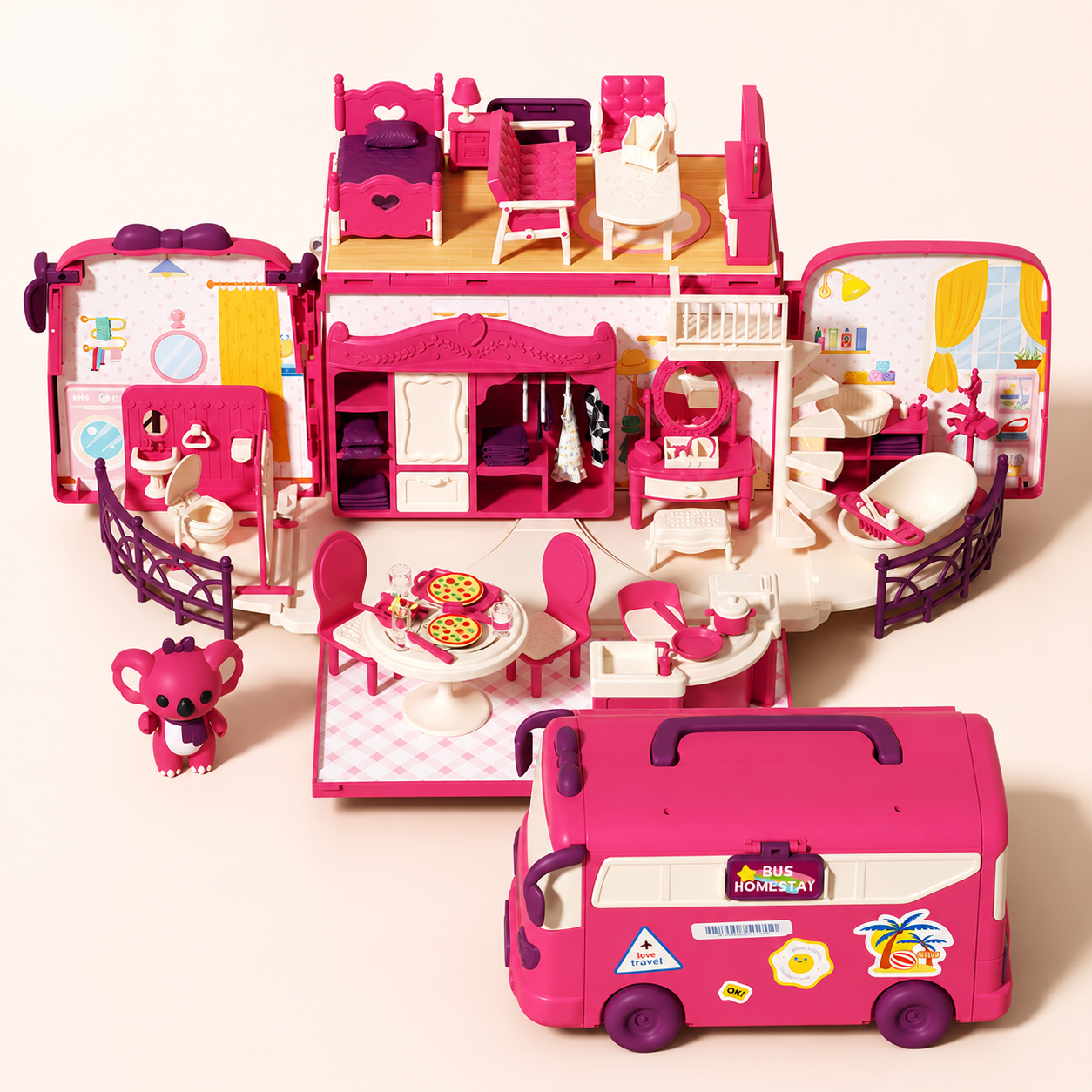 Kids pink bus dollhouse toy set with koala figure furniture accessories and openable play house design