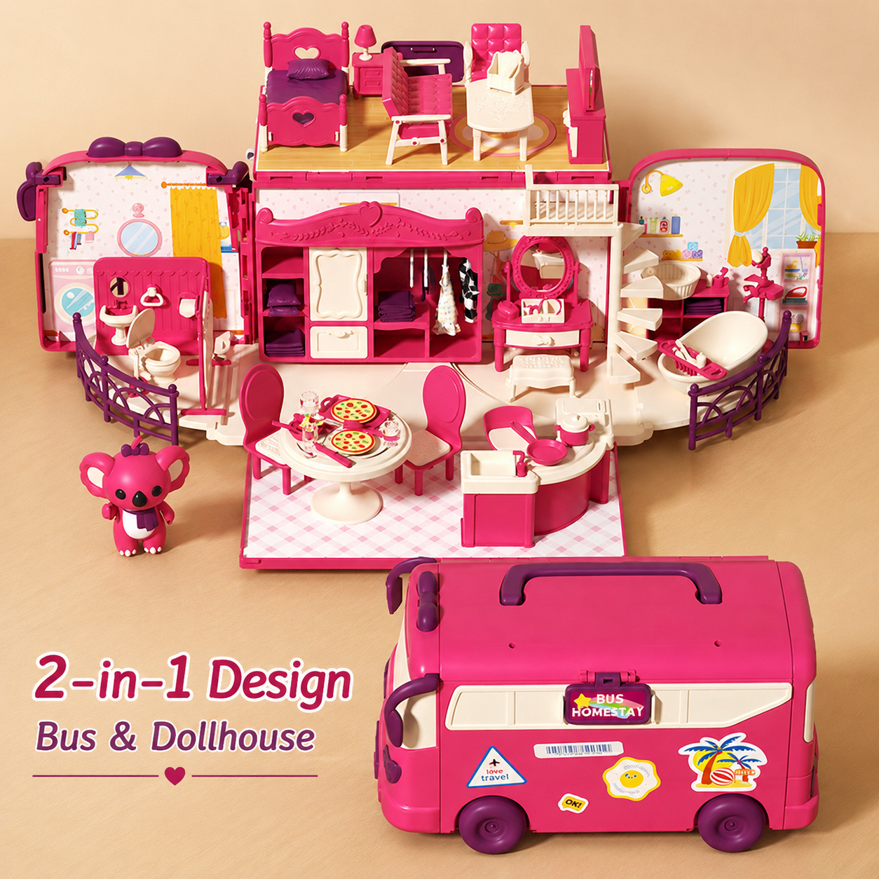 Kids pink bus dollhouse toy set with koala figure furniture accessories and openable play house design
