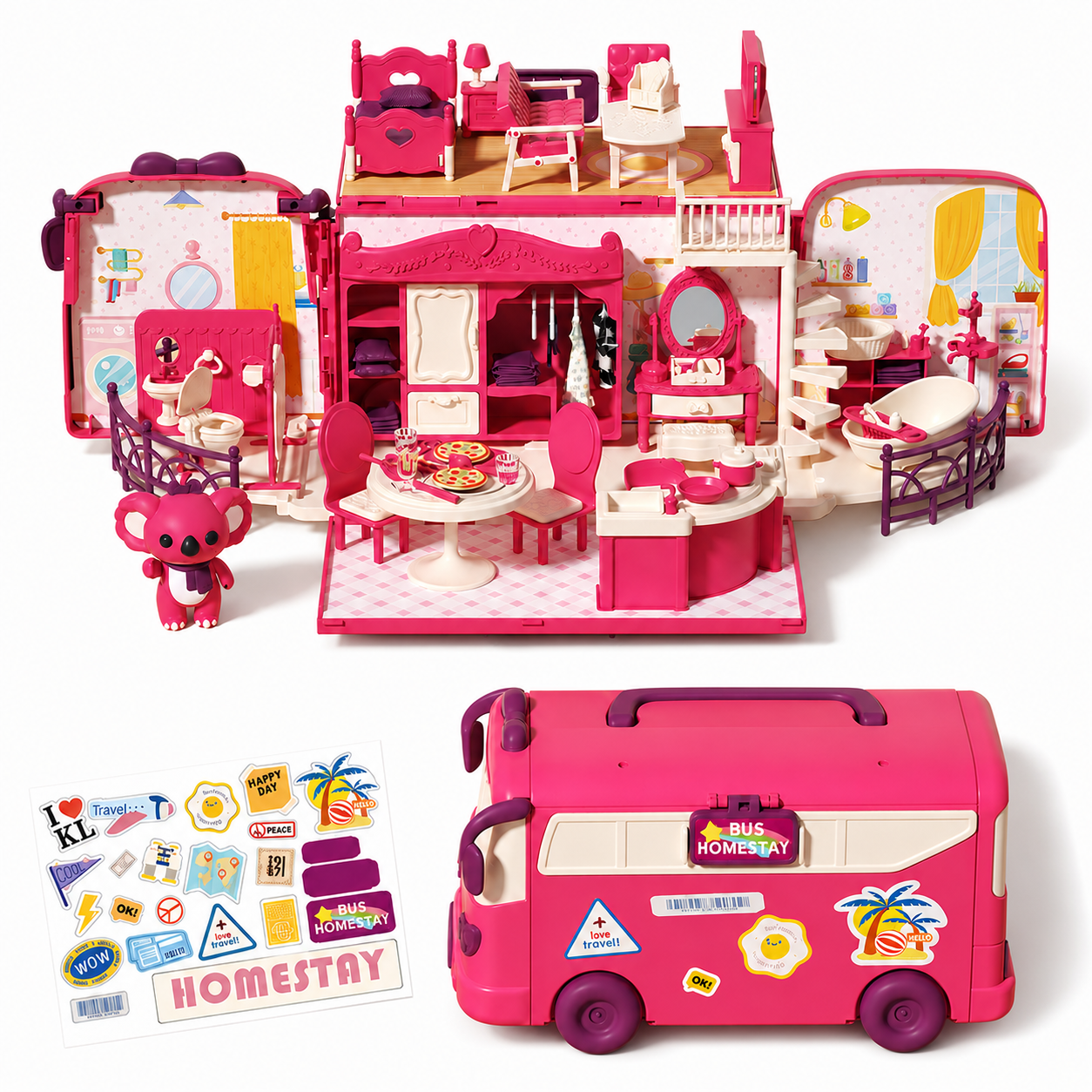 Kids pink bus dollhouse toy set with koala figure furniture accessories and openable play house design