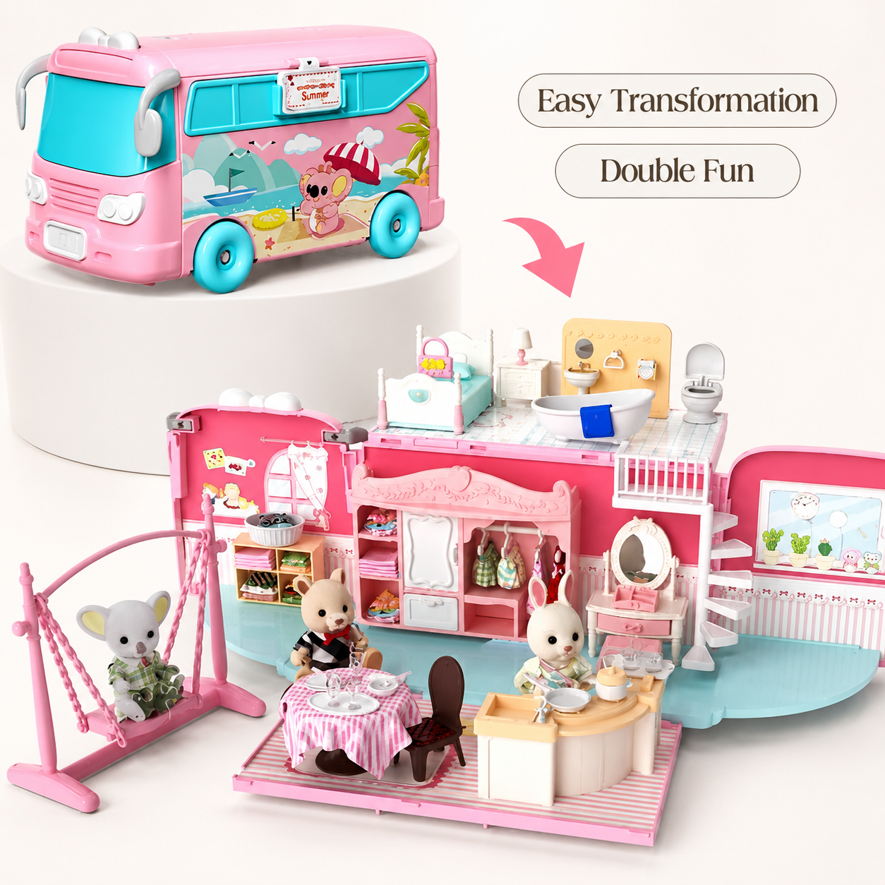 Kids pretend play bus dollhouse toy set  furniture accessories and openable play house design