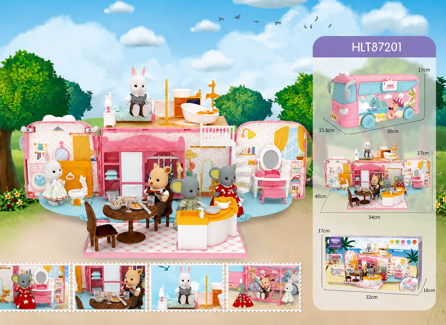 Kids pretend play bus dollhouse toy set furniture accessories and openable play house design
