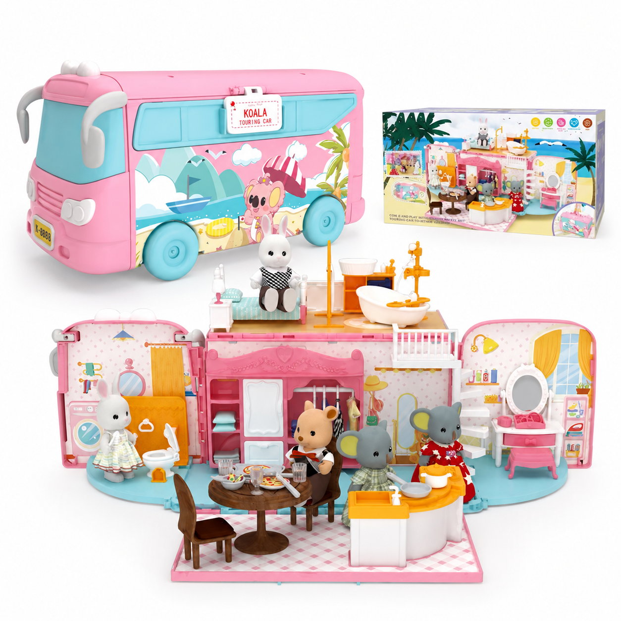 Kids pretend play bus dollhouse toy set  furniture accessories and openable play house design